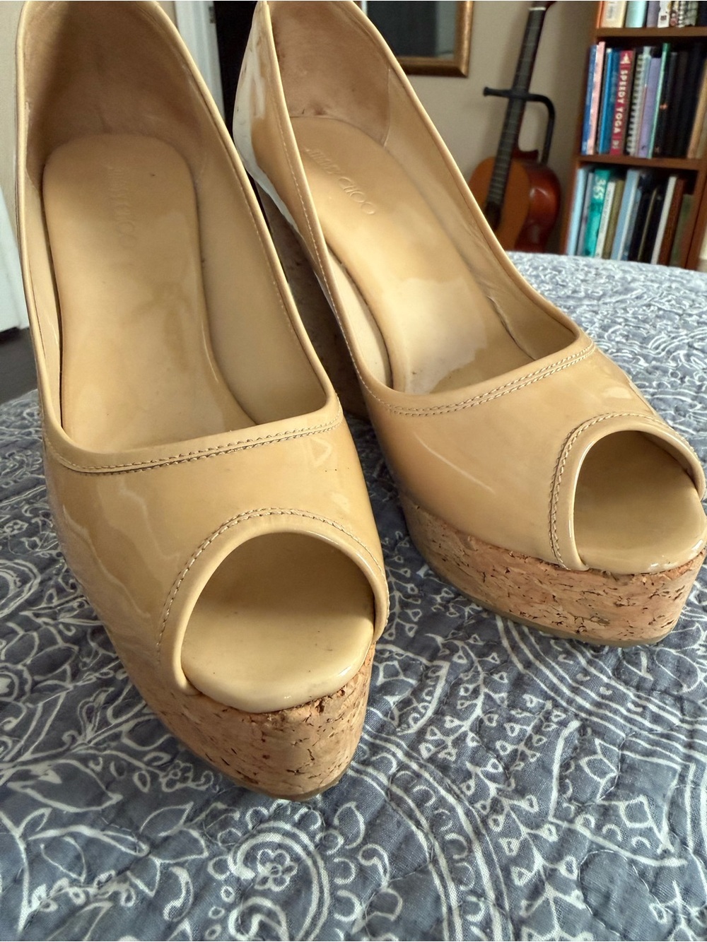 Jimmy Choo Nude Patent Peep-Toe Cork Wedge Pumps